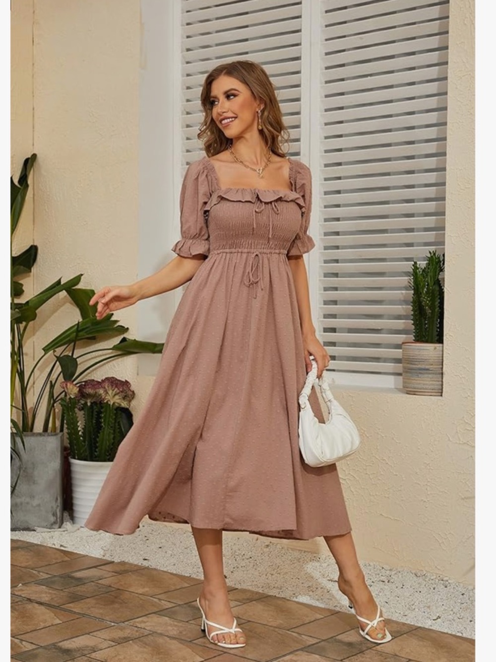 NWT Tan Smocked Midi Dress with Puff Sleeves - Size Large 12/14